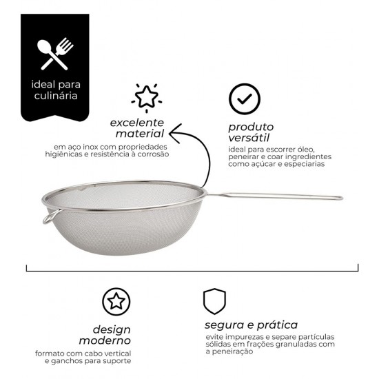 Peneira 24cm Diâmetro Por 44cm Comprimento Coar Polvilhar em Aço Inox